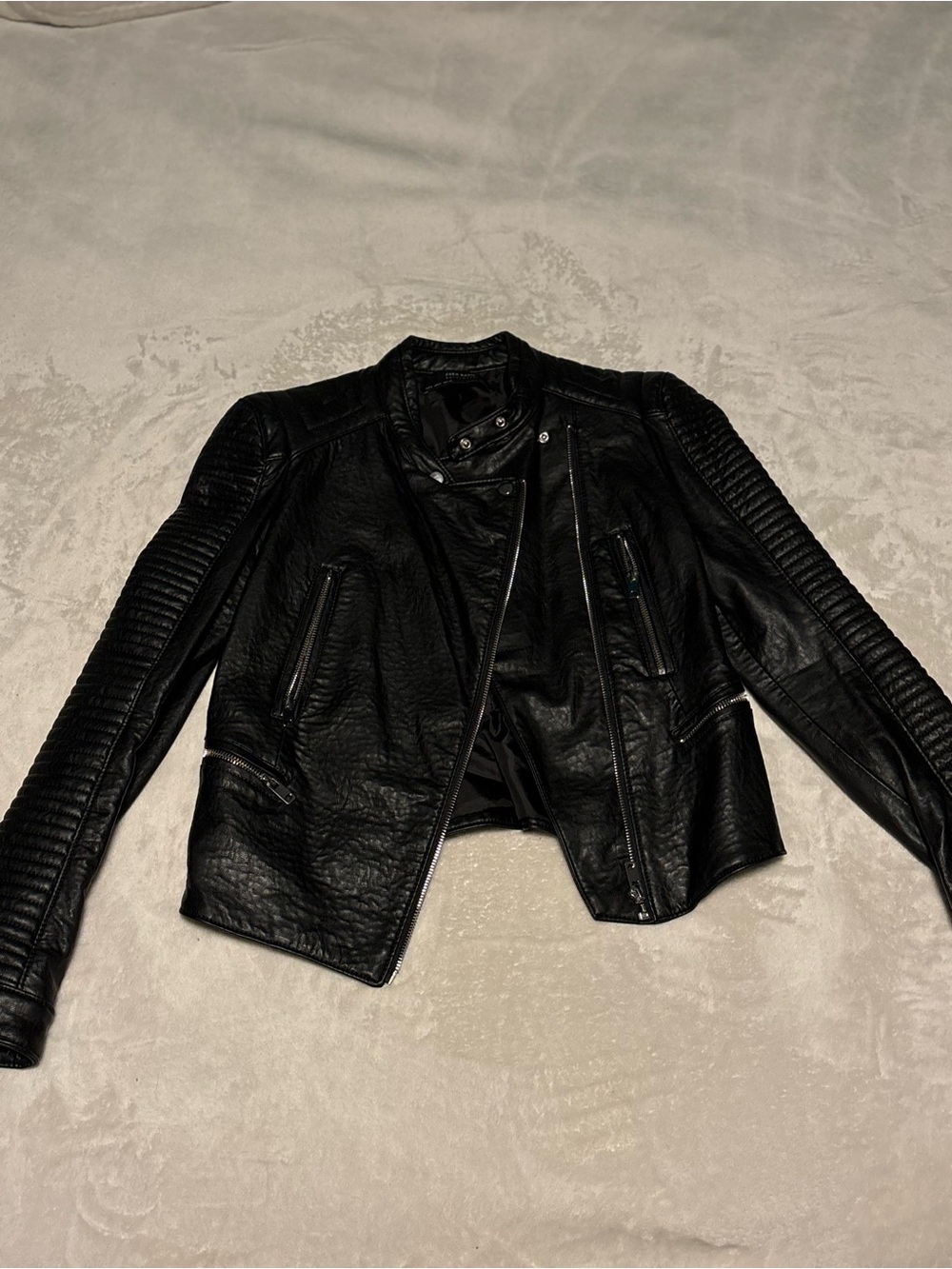 Zara Black Quilted Sleeve Faux Leather Moto Jacket